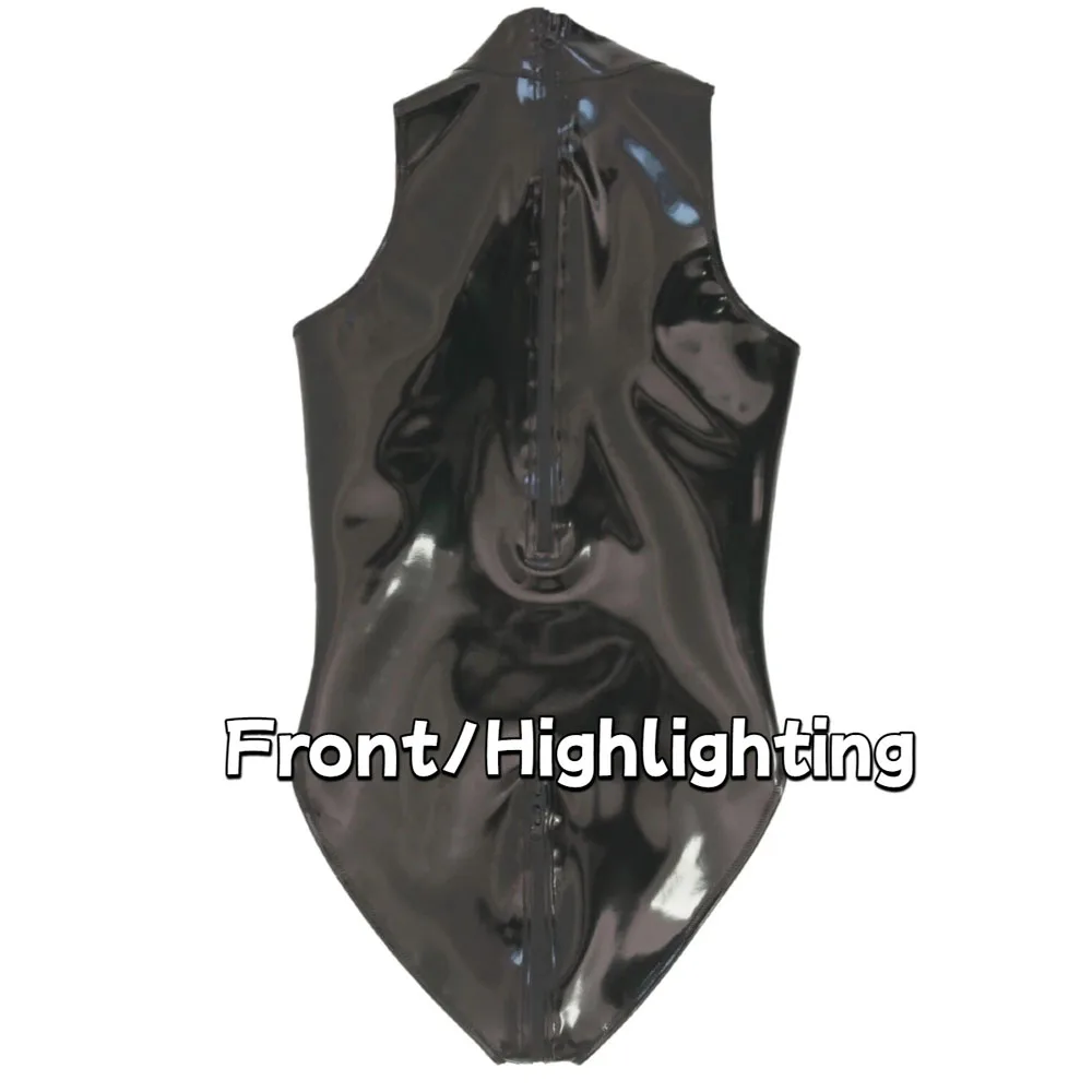 S-4XL Double Sided PU Swimsuit Sleeveless Wet Look PVC Catsuit Zipper Open Crotch Bodysuit Tights Hot Sexy Cosplay Maid Leotard view 3