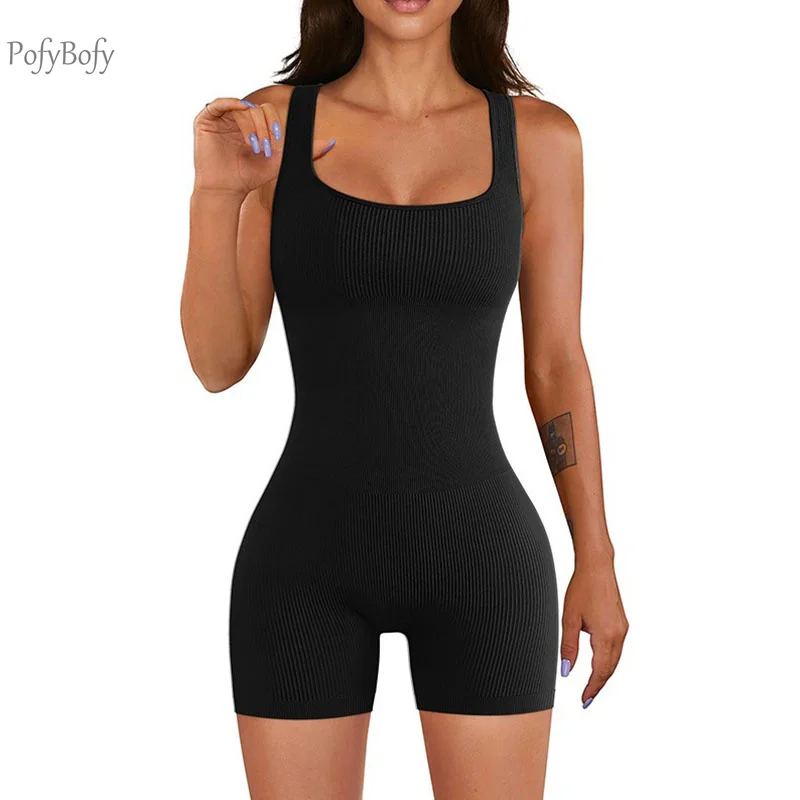 

PofyBofy Women Square Neck Sleeveless Ribbed Yoga Workout Romper Seamless Tummy Control Bodycon High Elasticity Unitard Bodysuit