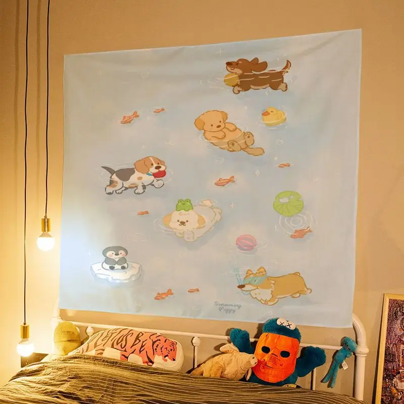 VIKAMA Summer Swimming Puppy Tapestry, Pool Cute Dog Penguin Yellow Duck Cartoon Wall Art for Bedroom Living Room Decor