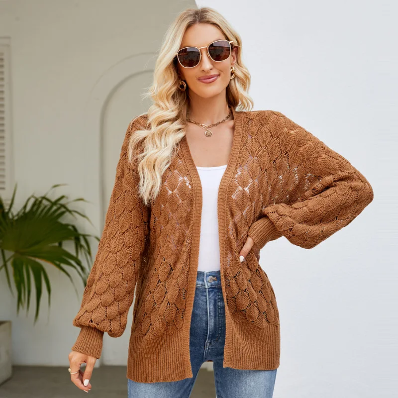 

2024 New Loose and Lazy Style Mid Length Sweater Jacket, Women's Design Sense Hollow Knitted Sweater Cardigan