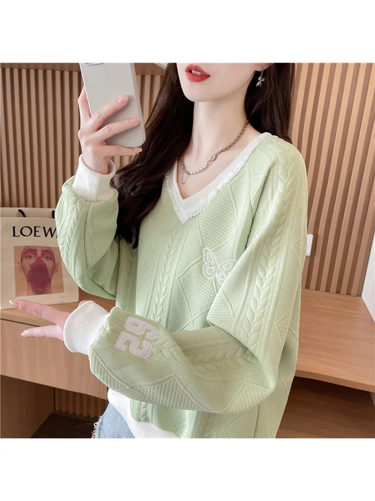 Primavera Autunno Dolce Top morbido Ragazze Alla moda Allentato scollo a V in pizzo con volant Bordo in rilievo Farfalla Digitale Fresco Pullover casual