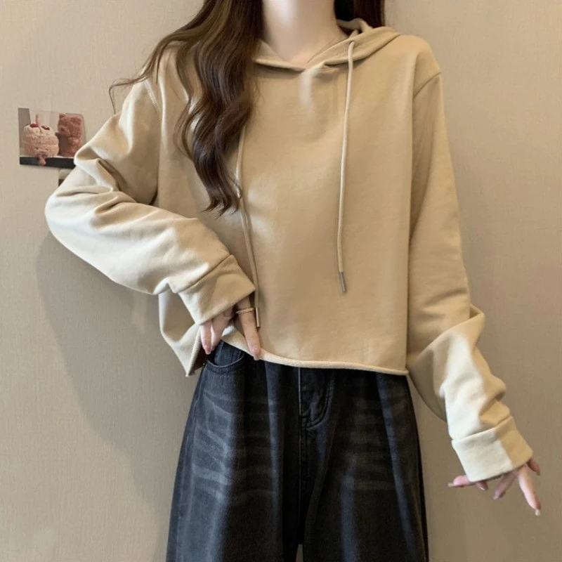Women Cropped Hoodie Solid Color Cotton Loose Streetwear Pullover Long Sleeve Hem Casual Fashion Sweatshirt Top