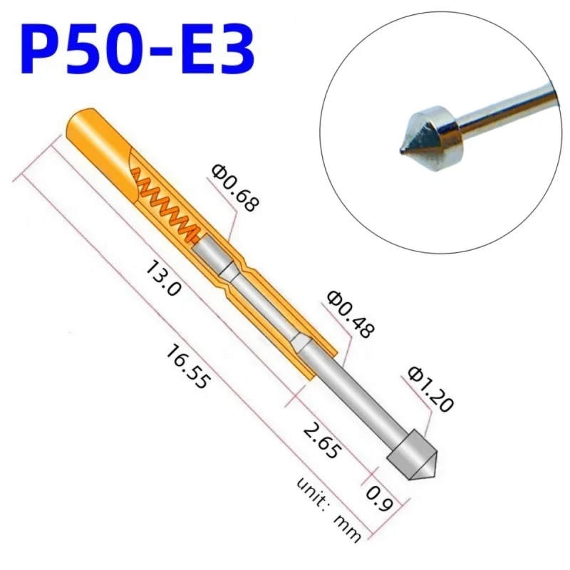 100PCS P50-E3 Spring Test Probe Test Pin Pogo Pin P50-E Electric ICT FCT PCB TestTool 1.20/0.68/16.55mm Needle Conical Head Tip