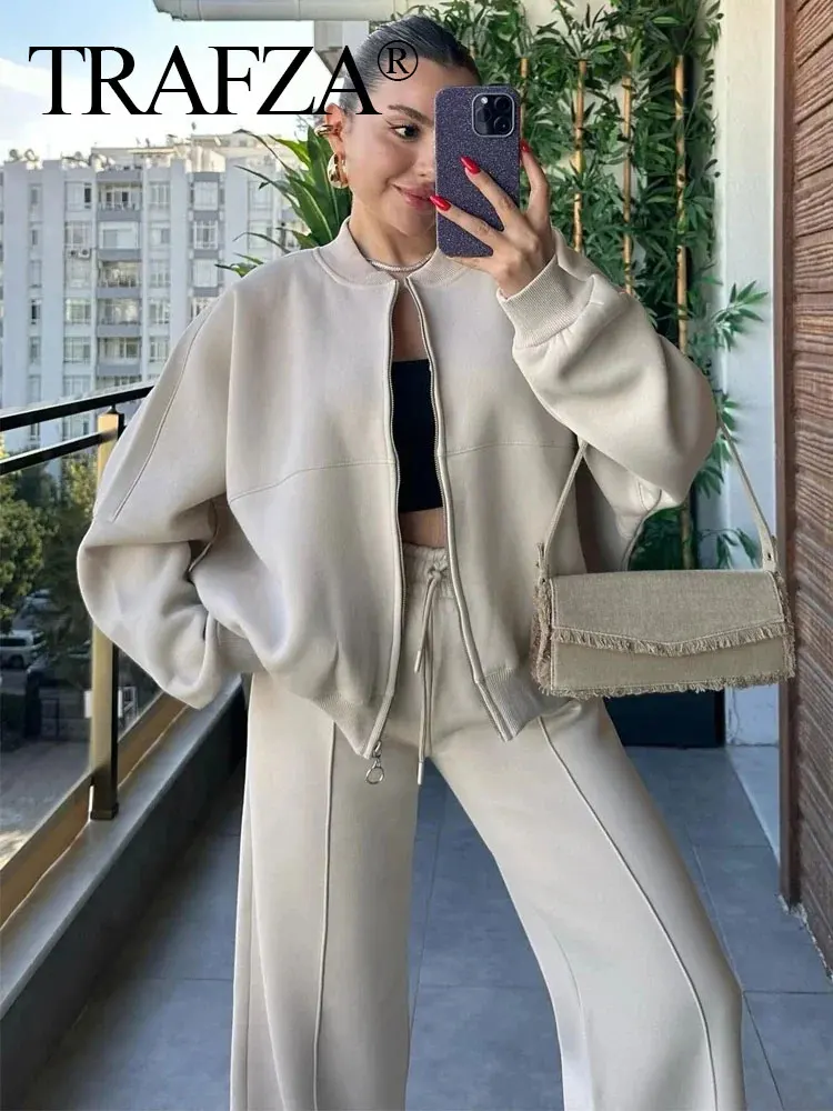 TRAFZA Women Casual Pant Sets Long Sleeve Zipper Bomber Jacket Coat + High Waist Drawstring Loose Trousers Office Lady Suit