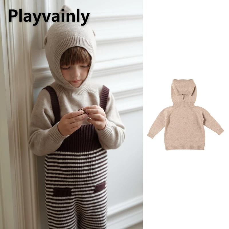 

Cute Bear Ears Knitted Hoodie for Boys Girls Spring Autumn Khaki Long Sleeve Hoode Sweaters Fashion Children Pullover Tops W5136