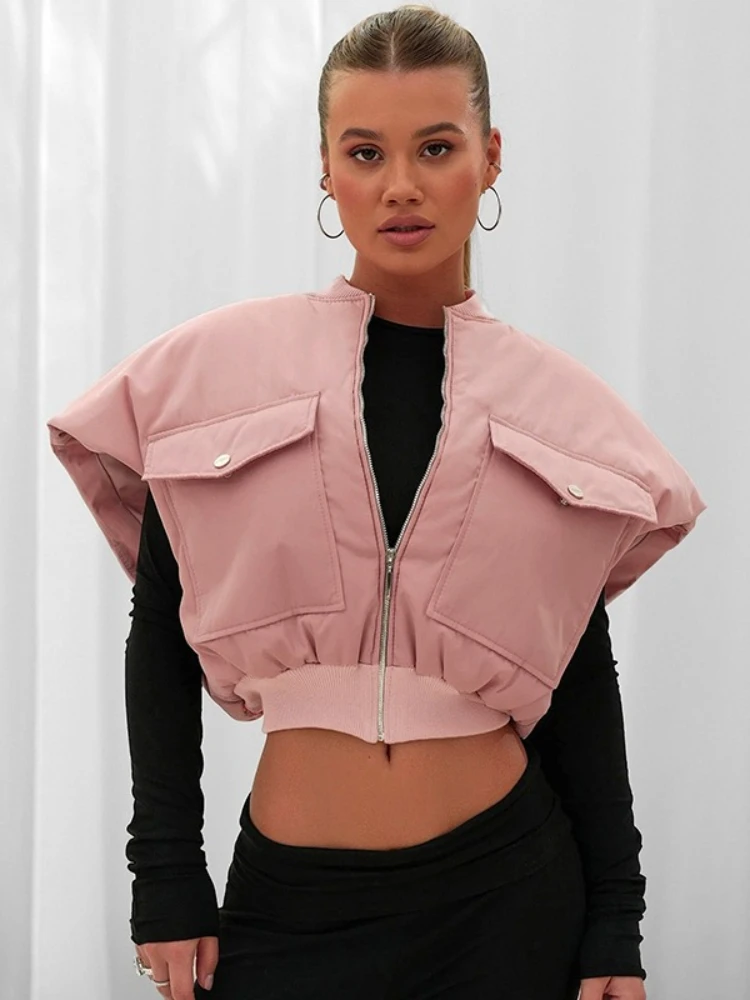 

FDYOUI Fashion Stand Collar Zipper Padding Vests Women 2025 Autumn Winter Pockets Sleeveless Padded Jacket Coats Pink White Tops