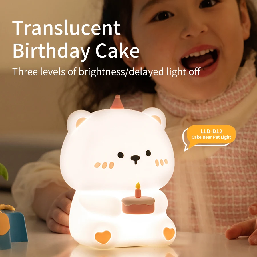 Led Night Table Lamp Mood Light Cake Bear Cute Gift for Kid Bedroom Bedside Desk Birthday Christmas Room Decoration Rechargeable