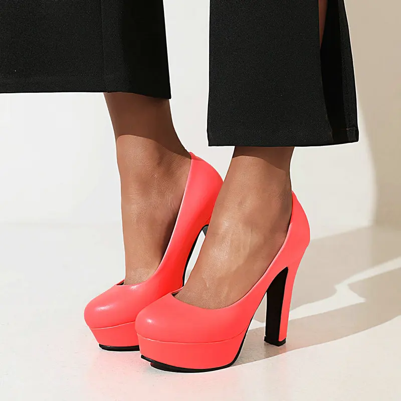Round Toe Shallow Mature Ladies Pumps Thick Spike High Heeled Office Female Shoes Platform Stiletto Women Green Orange Heels
