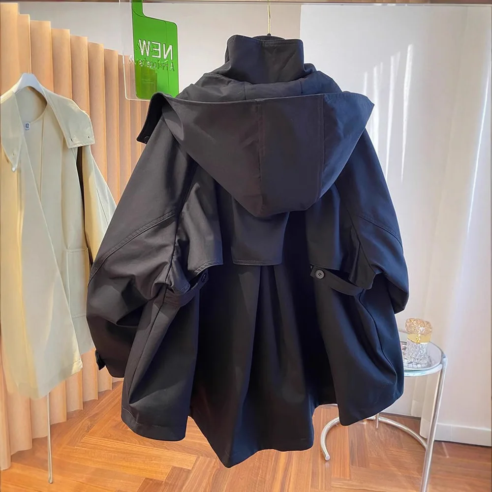 Large size retro fashion foreign style cloak design sense niche loose casual hooded trench coat women spring and autumn