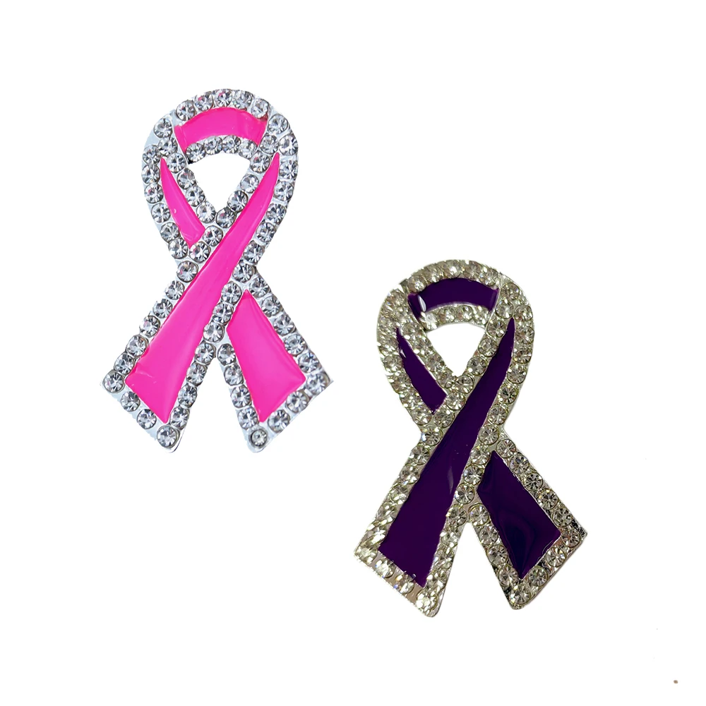 100/200pcs/Lot Pink Purple Enamel Crystal Ribbon Breast Cancer Awareness Pin Brooch