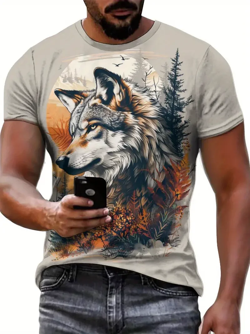 Animal Wolf Pattern Men\'s T shirt Fashion Crew Neck Short Sleeve Sport Tee Versatile Comfortable T-shirt Athletic Style Clothing