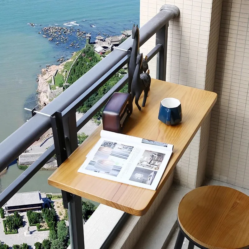 Balcony railing hanging table Solid wood small bar table Terrace foldable lifting Leisure window sill guardrail Creative