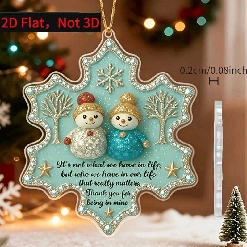 2D Flat Snowman Friend Acrylic Hanging Ornament,Turquoise & Golden Snowflake Decoration with