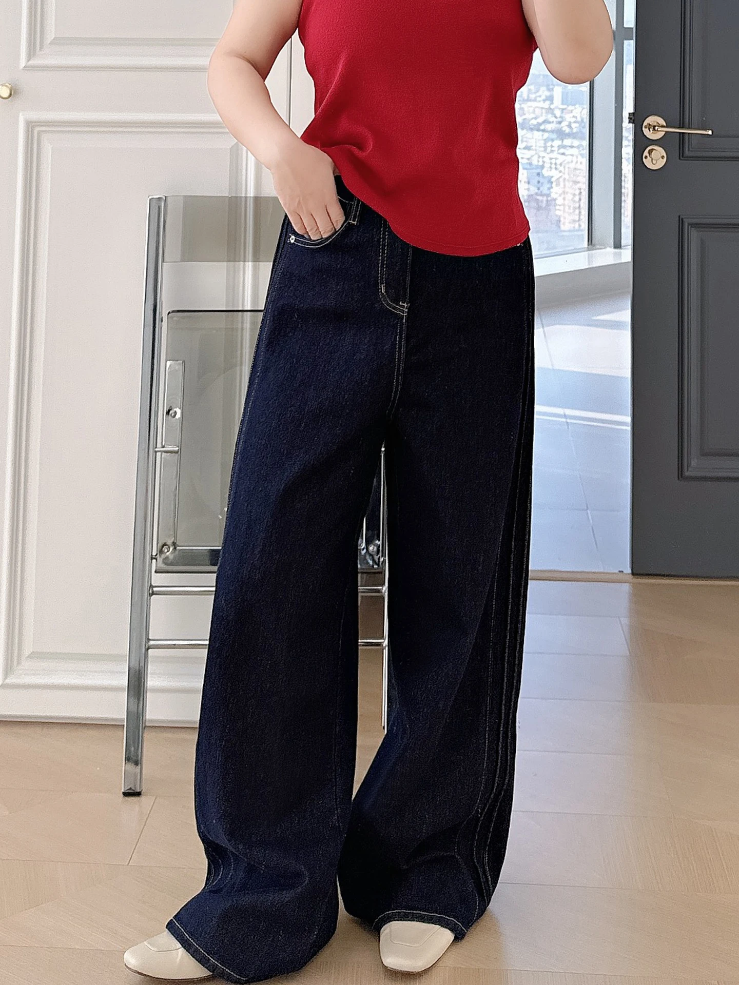 

Повседневные джинсы с высокой талией больших размеров, широкие брюки, скрывающие недостатки фигуры, модные уличные брюки для полных женщин весом до 200 фунтов