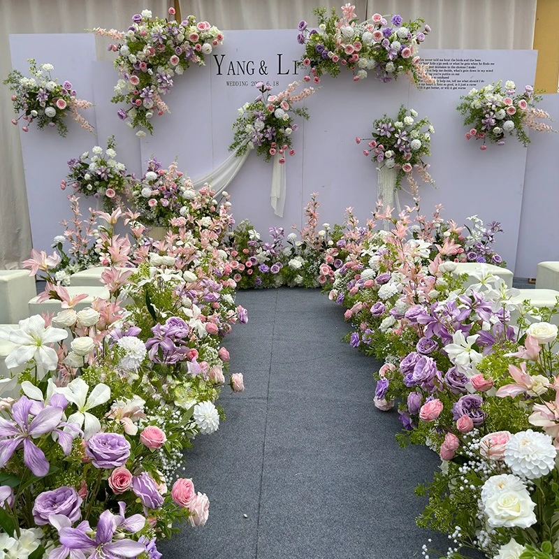 

Roses bouquet artificial flowers pink purple flower row wedding background decoration arrangement road guide engagement