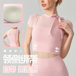 Spring and Summer Short Sleeved Women's Fixed Chest Pad, Half High Neck Versatile Outerwear, Short Sports T-shirt, Fitness