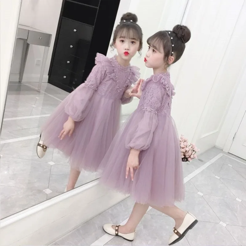 2023Girls\' Autumn Winter New Fashion Half High Neck Long Sleeve Solid Color Vivid Cute Kids Children\'s Clothing Casual Dresses