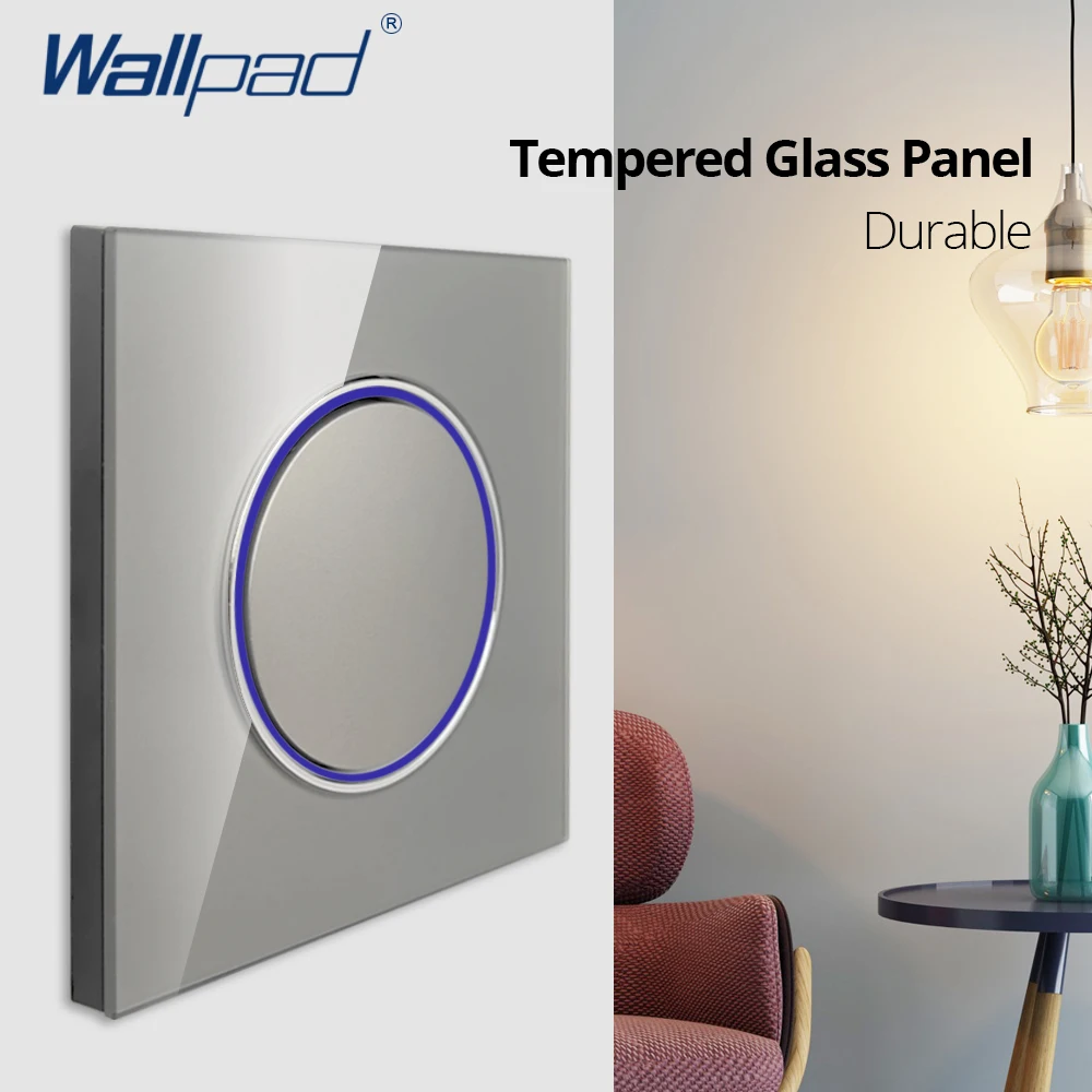 Wallpad Grey Glass Panel With Large Circle LED Indicator Wall Light Switch and Socket Round Push Button Electric Outlet