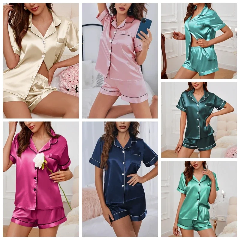 

Womens Imitated Silk Fabric Satin Sof Pajamas Loungewear Two-piece Sleepwear Button-Down Set