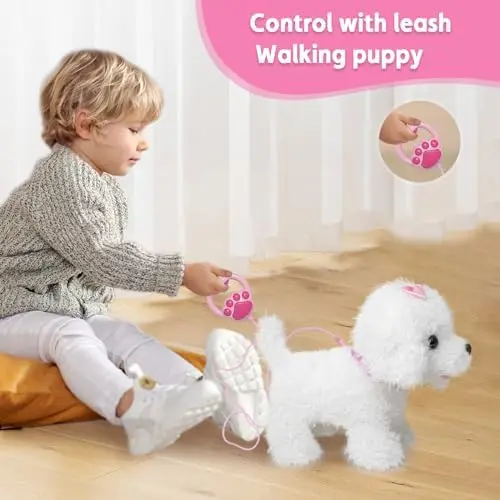 Remote Control Walking Dog Toy on Leash for Kids, 2 Pack, White and Brown