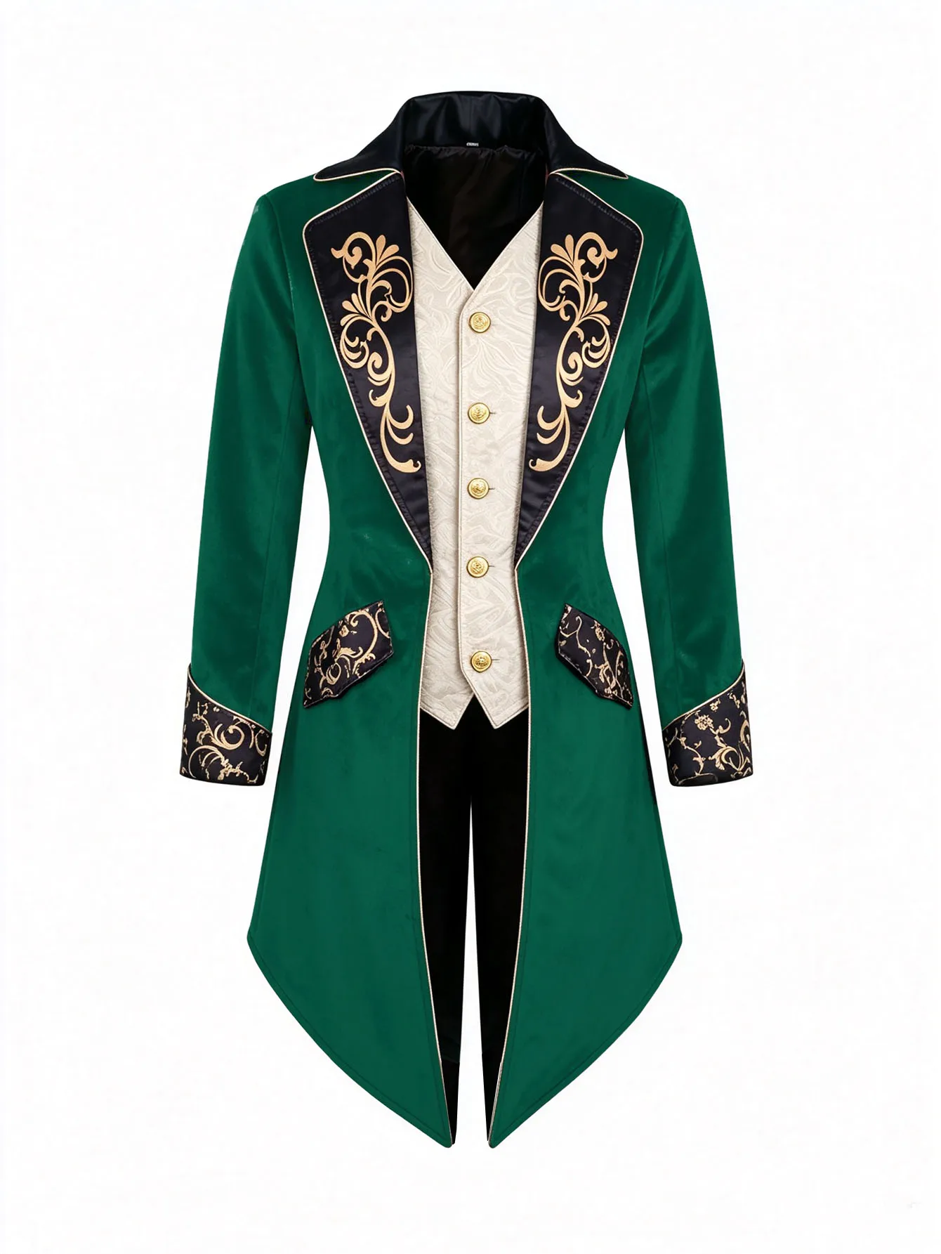 Vintage Regency Men Long Tail Coat Print Decorated Lapel Victorian Noble Formal Jacket For Halloween Wedding Historical Cosplay