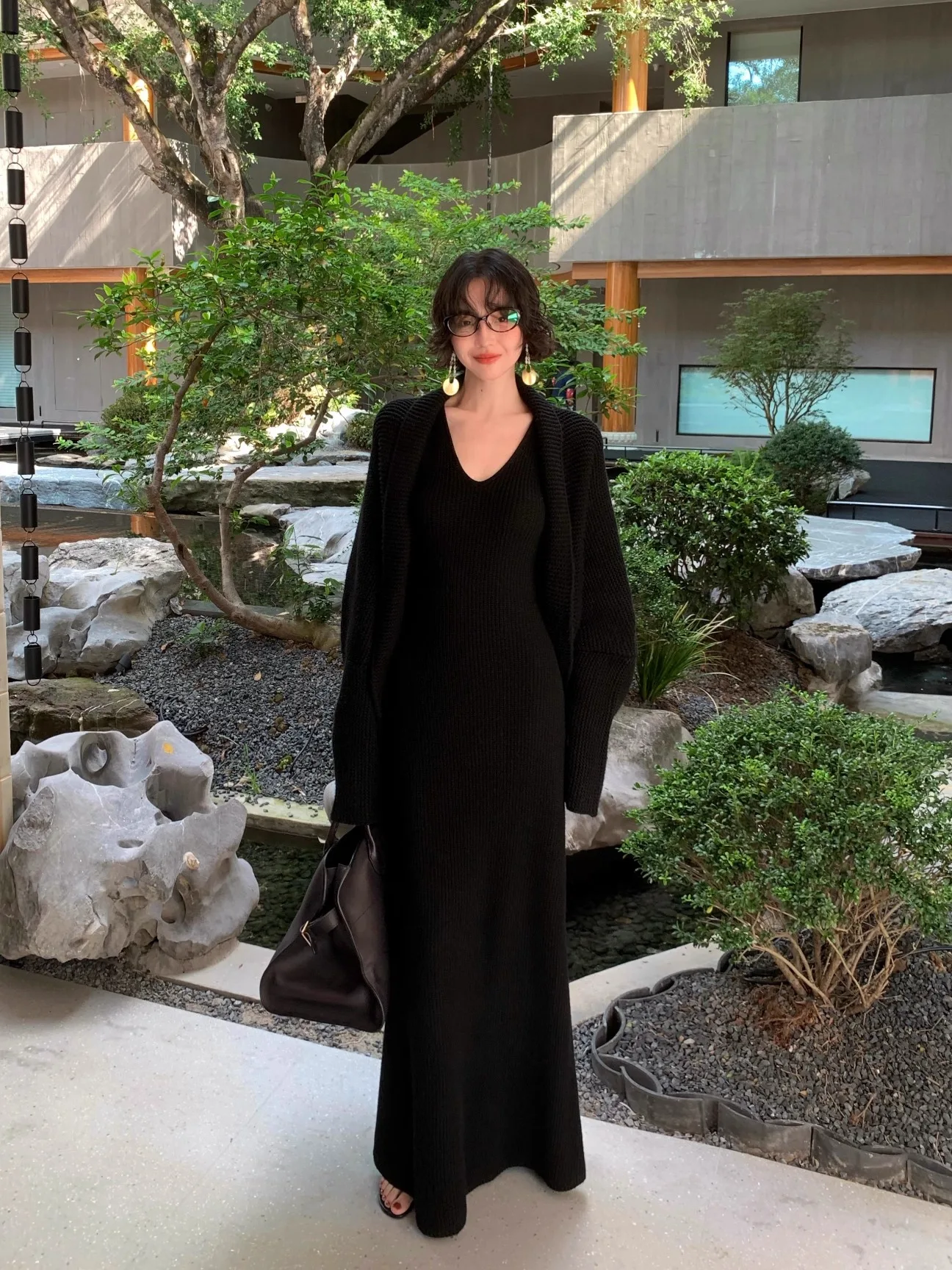 

Retro Hong Kong Sle Knitted Wool Blend Open Cardigan Ele Midi Coat Vintage Faion Women's Soft Acrylic Nylon Long Sve