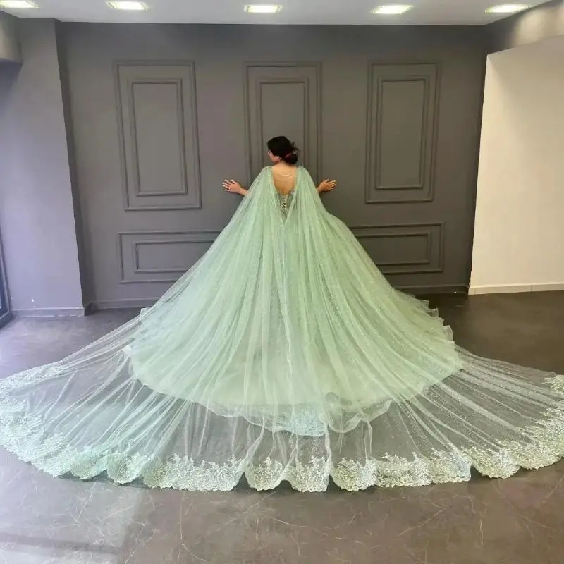 Sage Green Shiny Quinceanera Dresses With Cape Ball Gown Applique Lace Beading Tulle Lace-Up Backless Party Princess Sweet 16