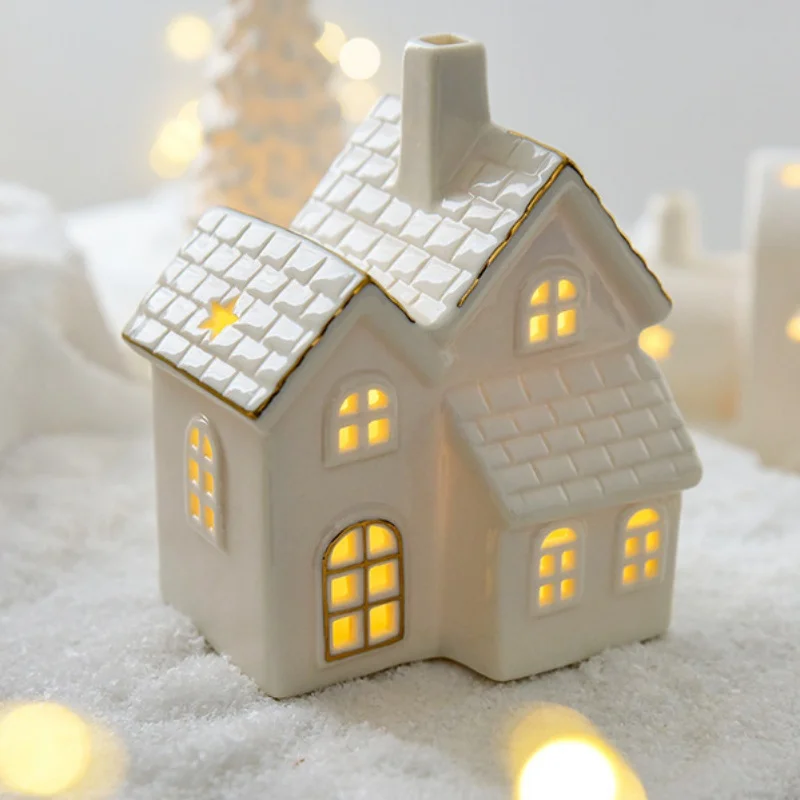 Miniature Christmas Village Houses Decor Snowflake LED Glowing Castle White Porcelain Desktop Ornament Christmas Decorations