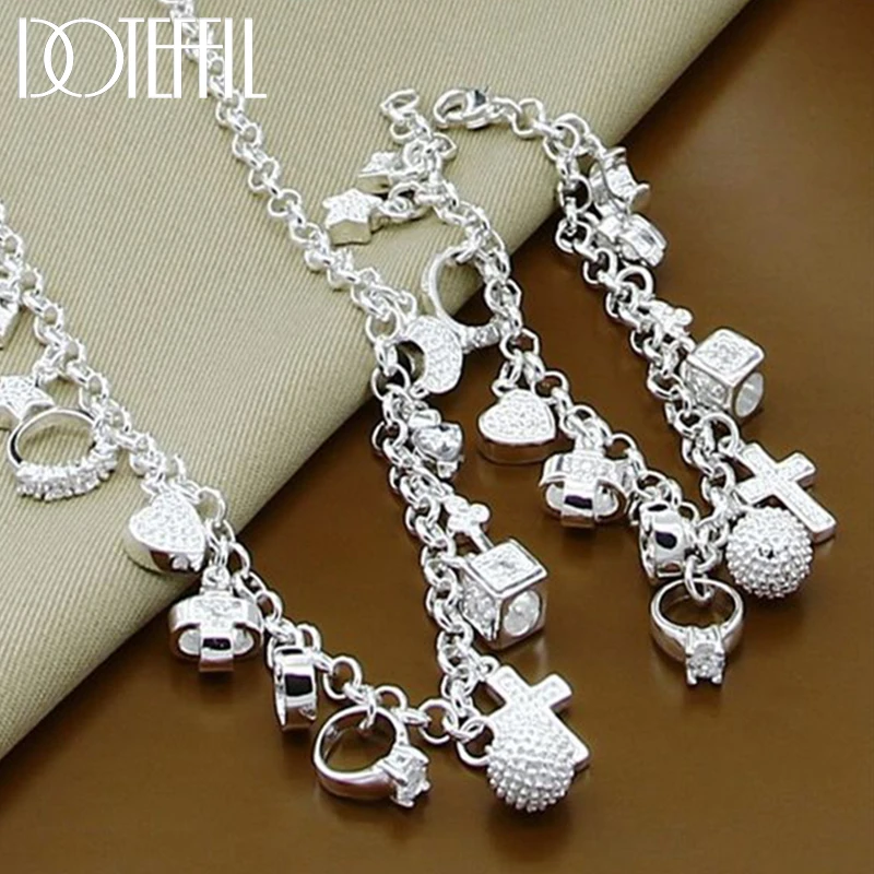 DOTEFFIL 925 Sterling Silver Heart Ball Cross Star Wisiorek Naszyjnik Bransoletki Zestaw Dla Kobiet Biżuteria Ślubna Zaręczynowa