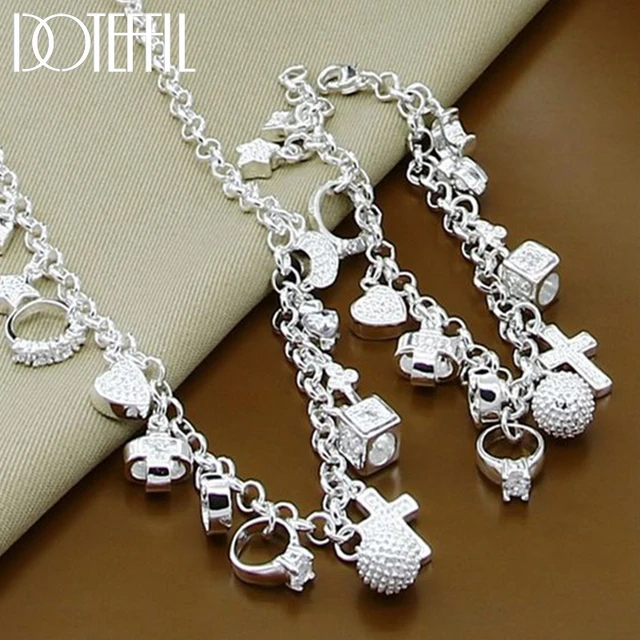 DOTEFFIL 925 Sterling Silver Heart Ball Cross Star Wisiorek Naszyjnik Bransoletki Zestaw Dla Kobiet Biżuteria Ślubna Zaręczynowa