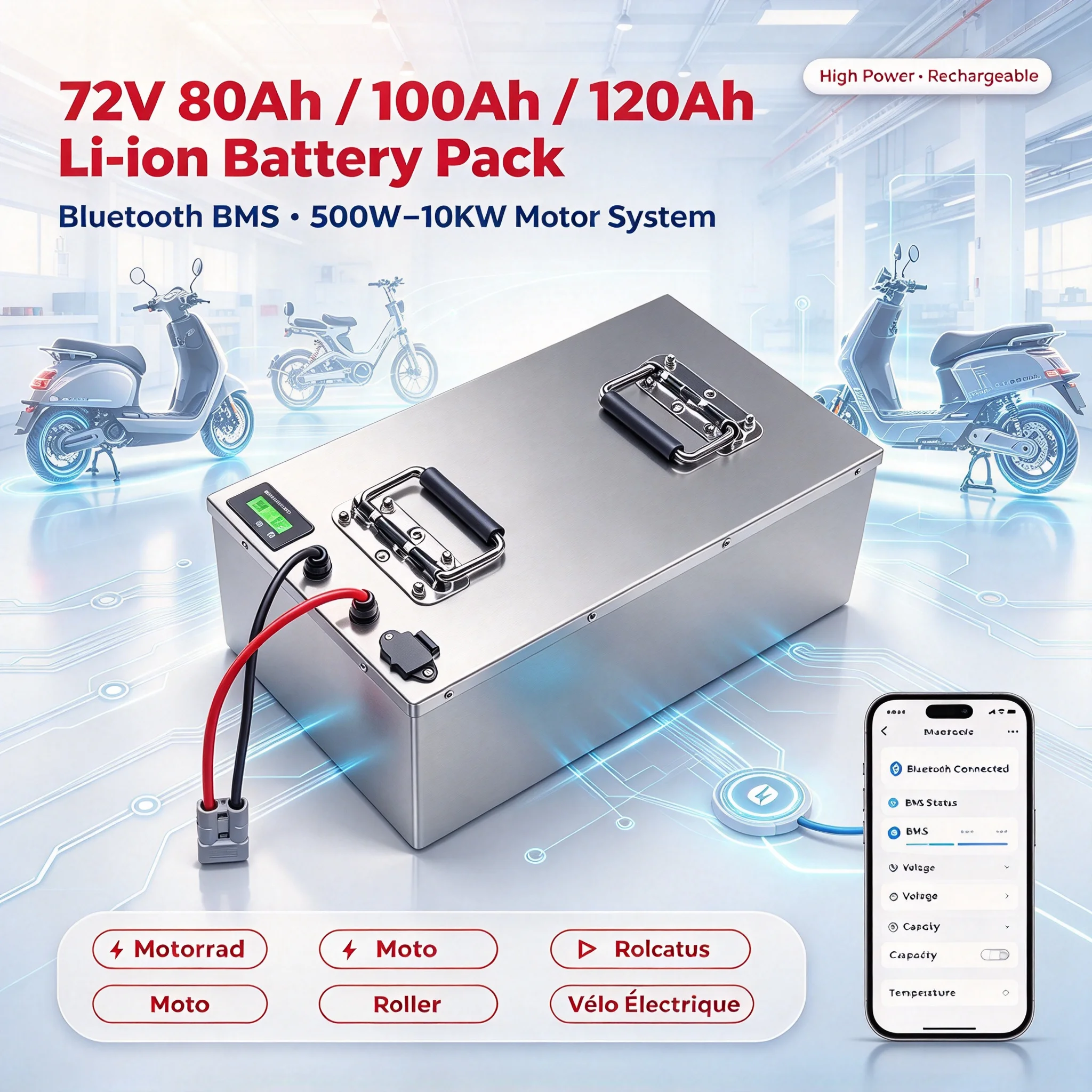 72V 80Ah 100Ah 120AH lithium li ion battery pack bluetooth BMS for 5000W 8000W 10KW Motorrad moto Roller vélo électrique