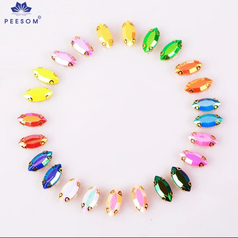 PEESOM New Sell 7X15mm Color AB Horse Eye Stone Sewing Gold Claw Set Sew-on Color AB Rhinestone Acrylic for Clothing Accessories