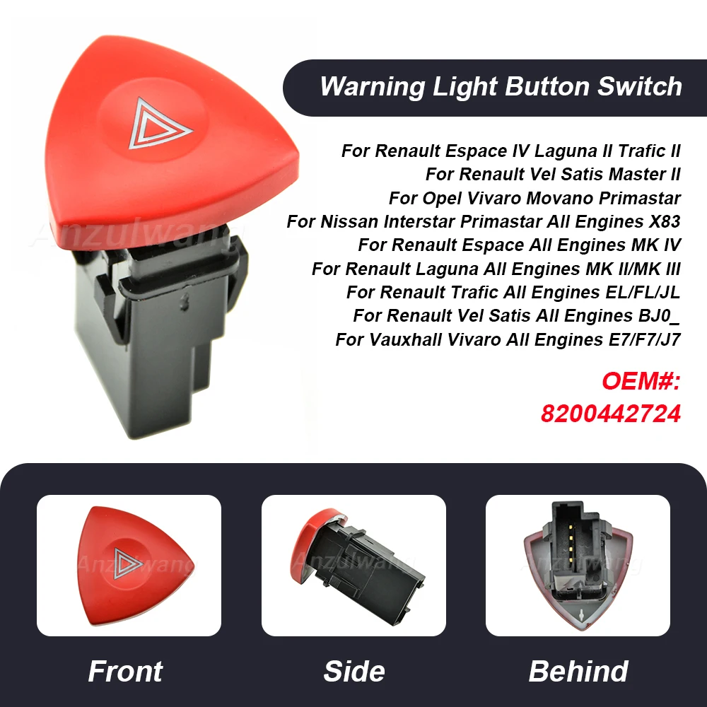 Bouton de commutation de feux de détresse iodés pour Opel Renault, Trafic, Espace, décennie kSachClio, Ii 2, 8200442724, 93856337, 8200002441, 1 pièce