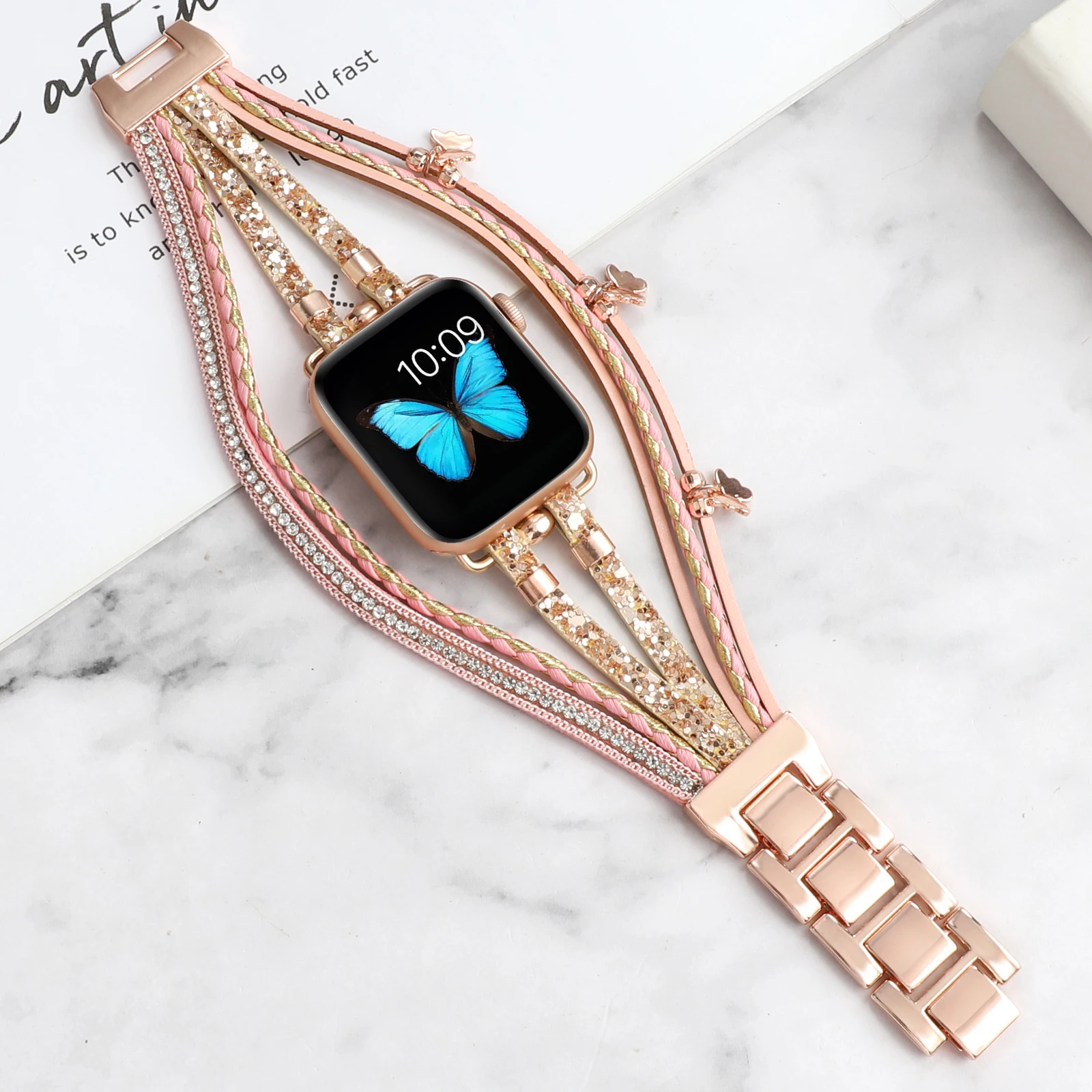 Metal Strap for Apple watch Band Pearl Bracelet Chain Iwatch Ornament Butterfly for Iwatch 87654321SE Ultra 40 41 44 45mm Women