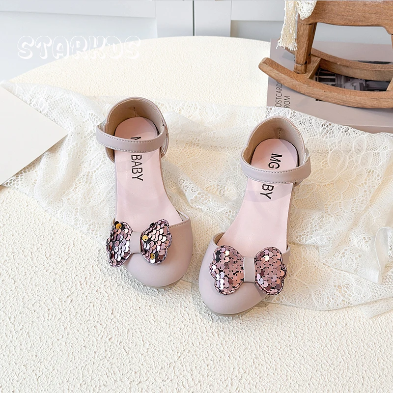 بلينغ الترتر حذاء الرقص طفل فتاة أنيقة جولة تو Bowknot تصميم كعب أحذية الطفل الأبيض الوردي فستان الحفلات الأميرة Zapato #3