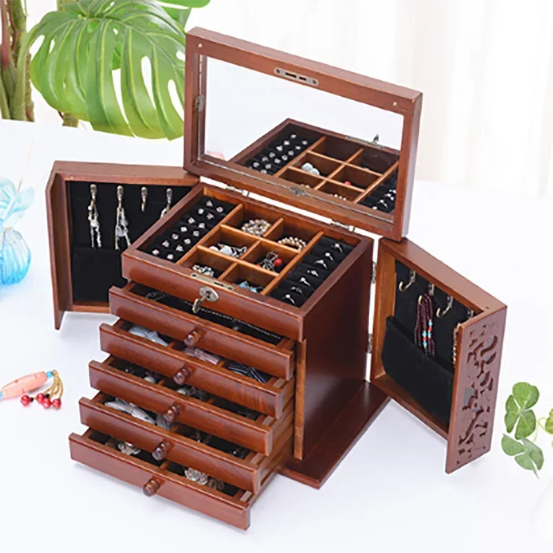 Wooden Jewelry Drawer Box Large Necklace Display Stand Storage Boxes Bracelet Ring Container Women Jewelry Holder Organizer Gift