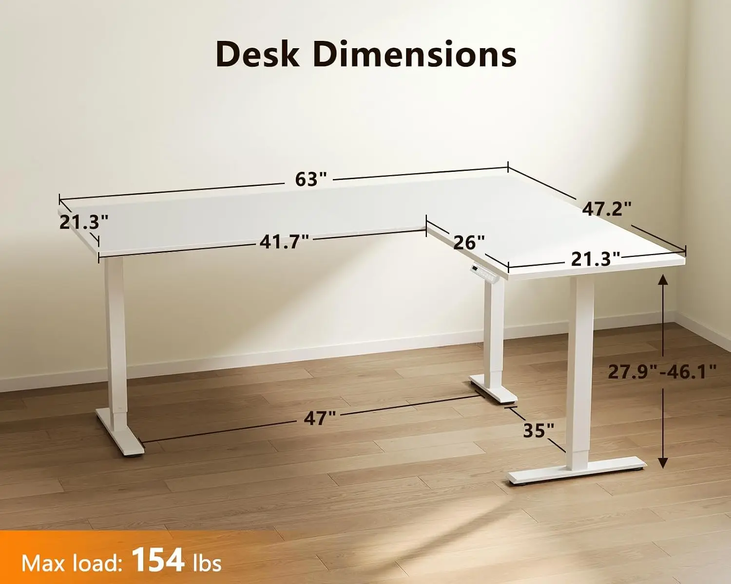 63 Inch L Shaped Electric Standing Desk Home Office White, Customized