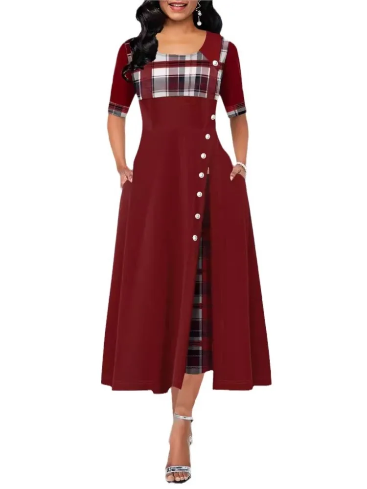 المرأة غير النظامية شعرية المرقعة فساتين طويلة أزرار خمر س الرقبة نصف الأكمام سيدة عادية التنقل فستان الموضة #5