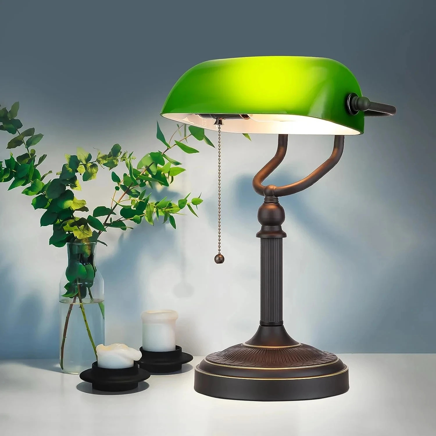 Antique Green Glass Bankers Desk Lamp with Pull Chain Switch Plug in Fixture Living Room Bedroom Bedside Lamp