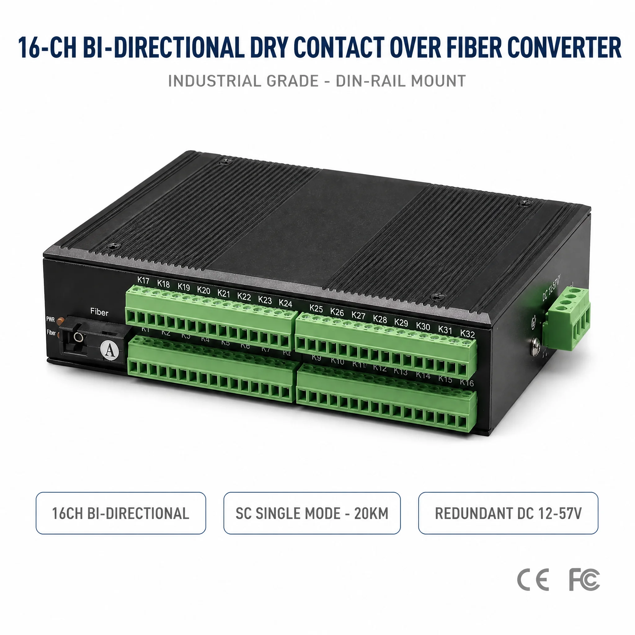 Industrial DIN Rail Bidirectional 16ch Dry Contact Closure Over Fiber Transmitter IP40 for Security Access Control Remote I/O