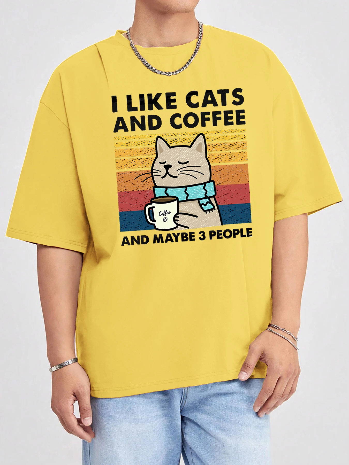 أنا أحب القطط والقهوة الطباعة للجنسين الشارع الشهير القطن المتضخم تي شيرت الصيف خمر قصيرة الأكمام لينة الكرتون قمم رجل #1