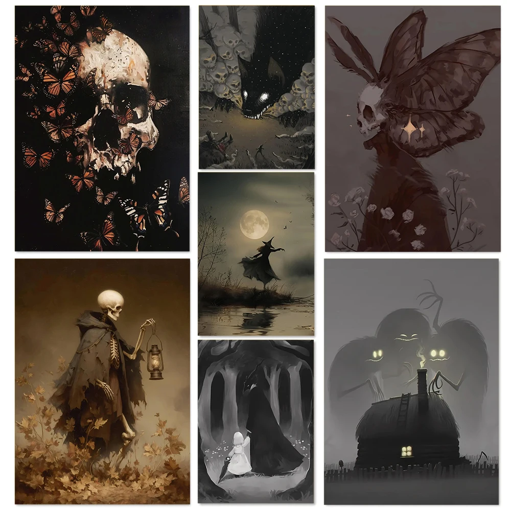 Klassisches Gotisches Dunkelkunst-Design Skelett-Geist Nischen-Poster Leinwanddruck Halloween Heim-Wanddekoration Gemälde Geschenk