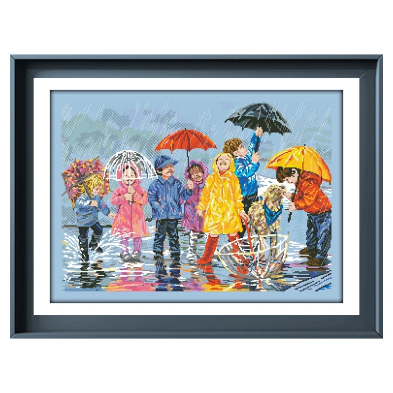 Fun in the rain cross stitch children play package 18ct 14ct 11ct light blue embroidery DIY handmade needlework