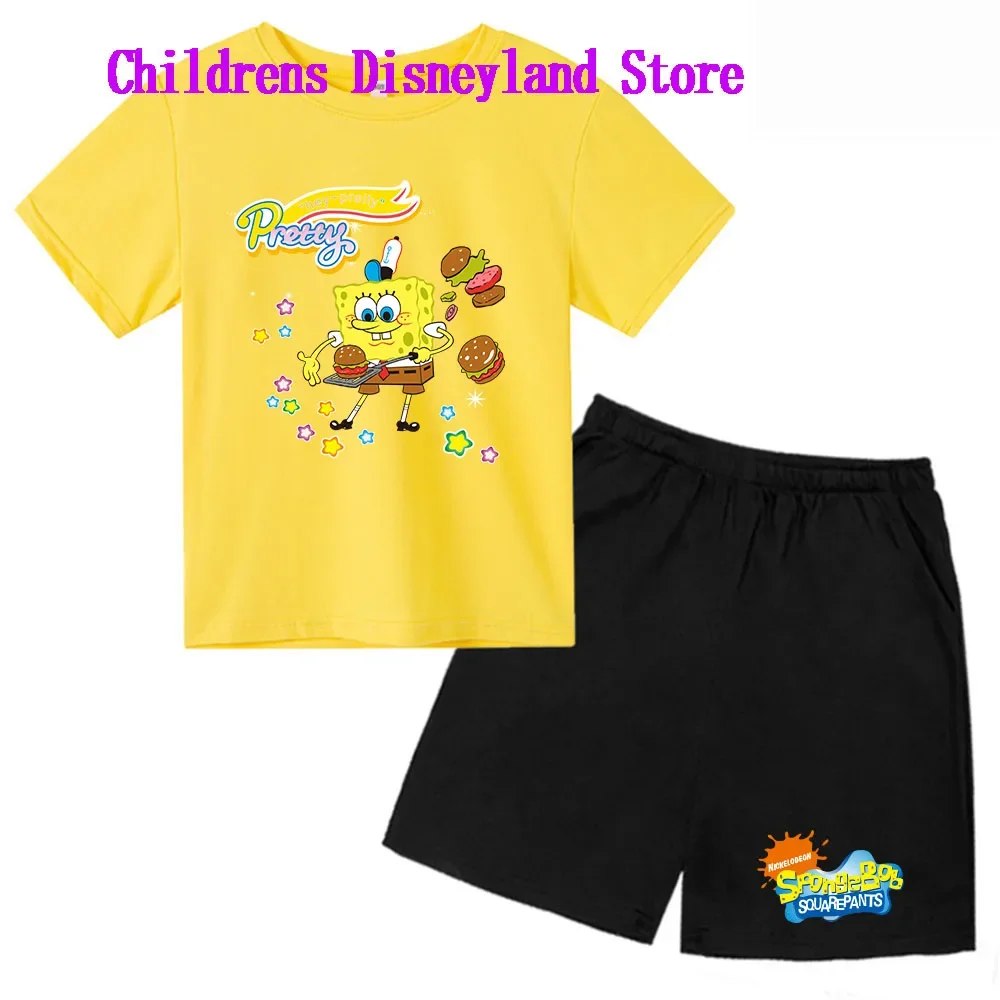 Spongebob Squarepants Spring And Autumn Children's Wear Boys And Girls T-shirt Set 2-piece Anime t shirt Sportswear Shorts boys