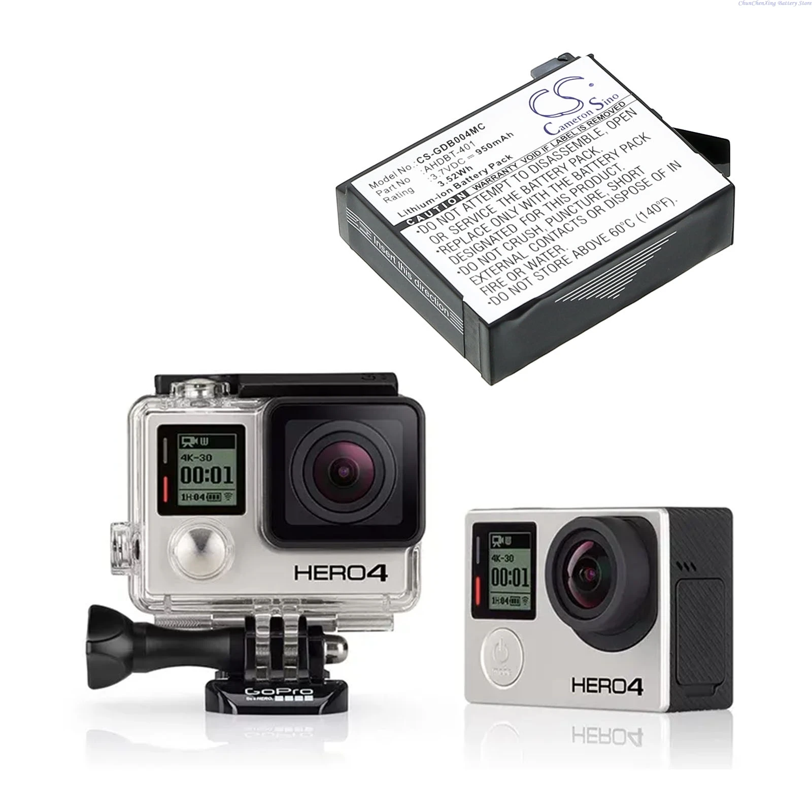 3.7V 950mAh/1160mAh Camera Battery AHDBT-401, 335-06532-000 for GoPro Hero 4+, Hero 4 Hero 4 Black/Silver