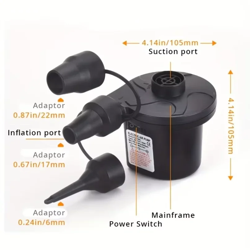 Portable electric air pump with multiple nozzles for quick and easy inflation of air mattresses, pool rafts and inflatable toys