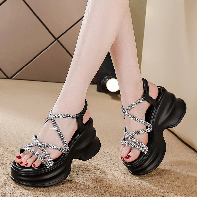 

Women's Rhinestone Platform Sandals Thick Wedge Strap Back Elastic Summer Footwear Trendy Elevated Casual Beach Party Sandals