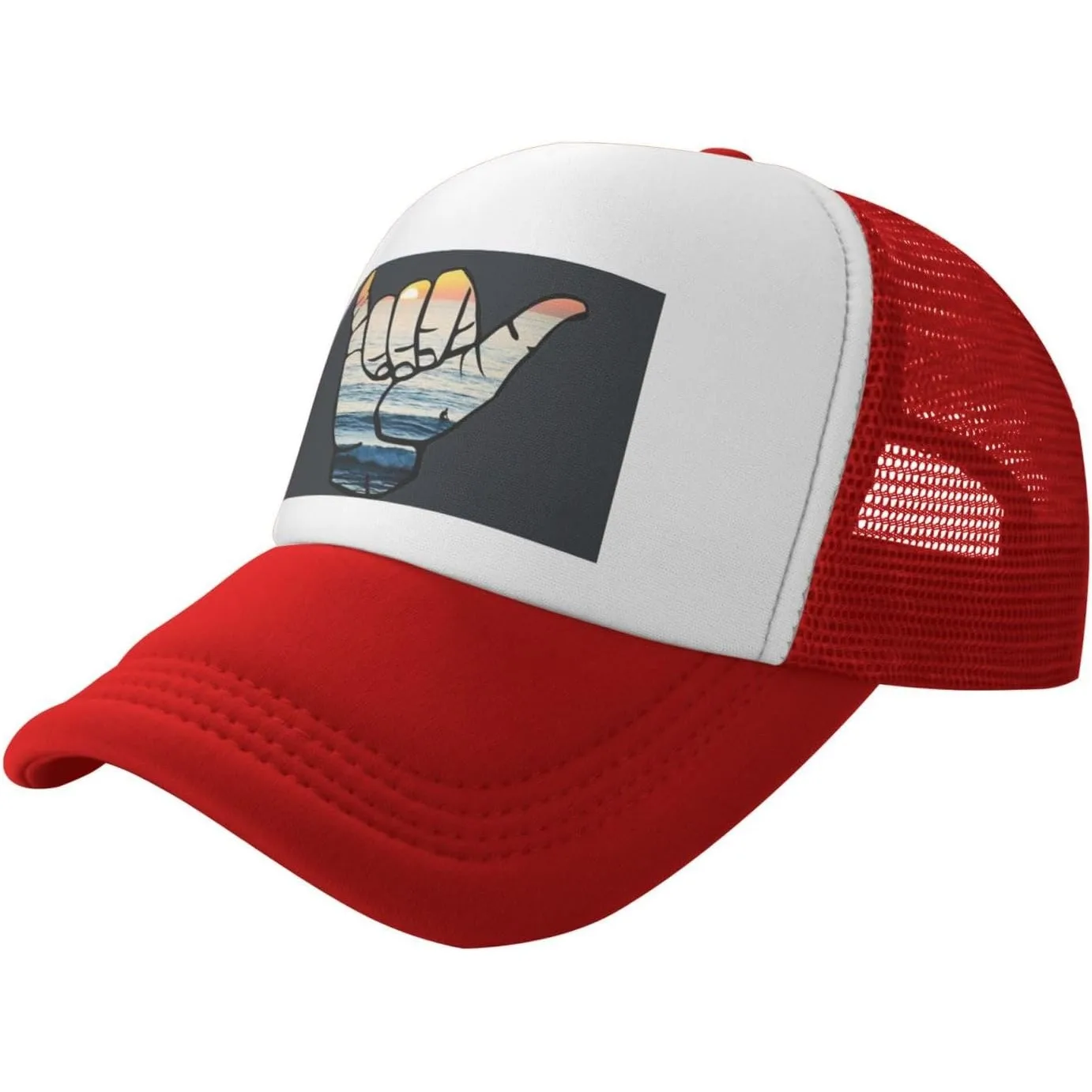 Shaka Hand Sign Ocean Sunset Graphic Trucker Hat Polyester Mesh Adjustable Baseball Cap Casual Outdoor