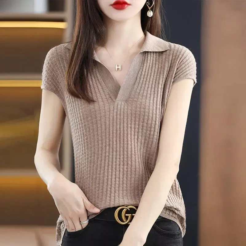 Polo Collar Short Sleeve T-Shirt Women's Summer Loose Short Knitted Shirt 2025 Summer New Women's Llip Ice Silk T-Shirt