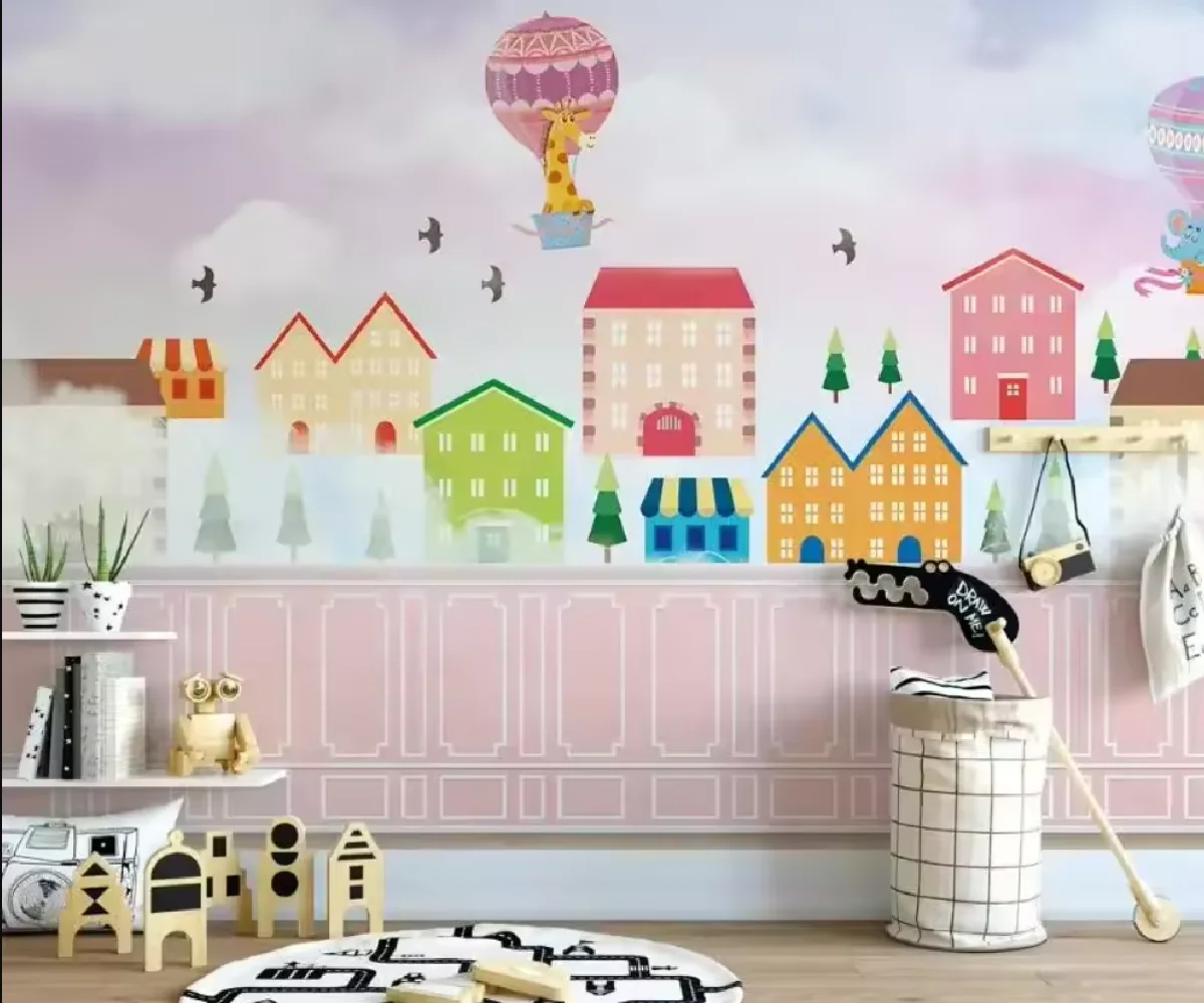 Custom papier peint wallpaper modern Cartoon Leaf Elephant Mountain Peak Hot Air Balloon Small Animal children's room wallpaper